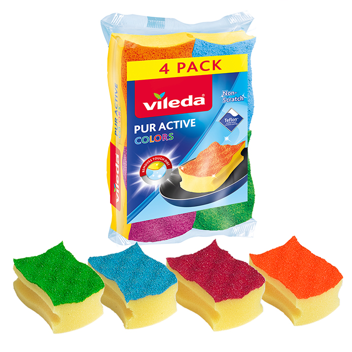 Vileda Pur Active Colors 4pk – the coloured sponge for everyday scrubbing